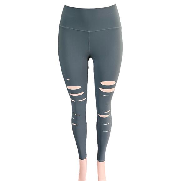 Alo Yoga Grey Ripped Warrior Legging High Rise High Waisted Full Length Size XXS - Picture 1 of 8